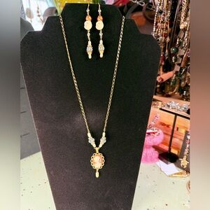 Artisan Made Vintage Cameo, Pearl & Swarovski Crystal Necklace Set